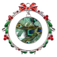 Peacock Feathers Blue Green Texture Metal X mas Wreath Ribbon Ornament by Wav3s