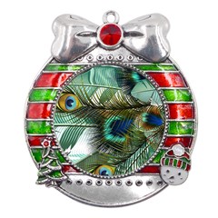 Peacock Feathers Blue Green Texture Metal X mas Ribbon With Red Crystal Round Ornament by Wav3s