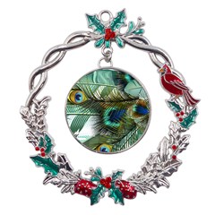 Peacock Feathers Blue Green Texture Metal X mas Wreath Holly Leaf Ornament by Wav3s