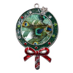 Peacock Feathers Blue Green Texture Metal X mas Lollipop With Crystal Ornament