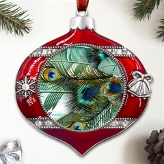 Peacock Feathers Blue Green Texture Metal Snowflake And Bell Red Ornament by Wav3s