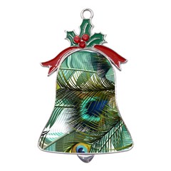 Peacock Feathers Blue Green Texture Metal Holly Leaf Bell Ornament by Wav3s