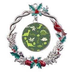 Cute Dinosaur Pattern Metal X mas Wreath Holly Leaf Ornament by Wav3s