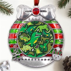 Dino Kawaii Metal X mas Ribbon With Red Crystal Round Ornament by Wav3s