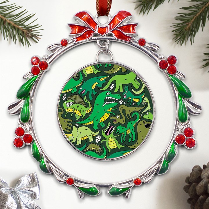 Dino Kawaii Metal X mas Wreath Ribbon Ornament