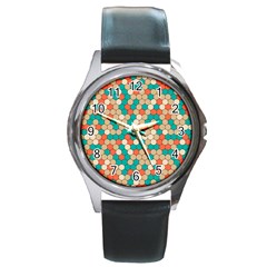 Multicolored Honeycomb Colorful Abstract Geometry Round Metal Watch by Vaneshop