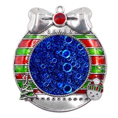 Blue Bubbles Abstract Metal X mas Ribbon With Red Crystal Round Ornament