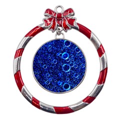 Blue Bubbles Abstract Metal Red Ribbon Round Ornament