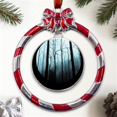 Tree Night Dark Forest Metal Red Ribbon Round Ornament