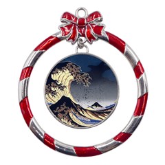 The Great Wave Off Kanagawa Japanese Waves Metal Red Ribbon Round Ornament by Vaneshop