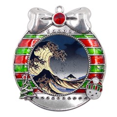 The Great Wave Off Kanagawa Japanese Waves Metal X mas Ribbon With Red Crystal Round Ornament by Vaneshop