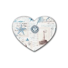 Nautical Lighthouse Vintage Postcard French Writing Rubber Coaster (heart) by Vaneshop