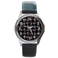 Midnight Noir Garden Chic Pattern Round Metal Watch by dflcprintsclothing