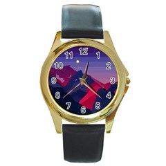 Abstract Landscape Sunrise Mountains Blue Sky Round Gold Metal Watch by Grandong