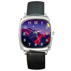 Abstract Landscape Sunrise Mountains Blue Sky Square Metal Watch by Grandong