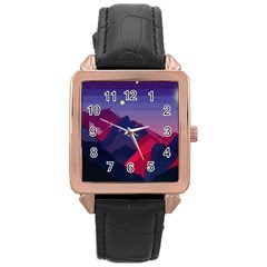 Abstract Landscape Sunrise Mountains Blue Sky Rose Gold Leather Watch  by Grandong