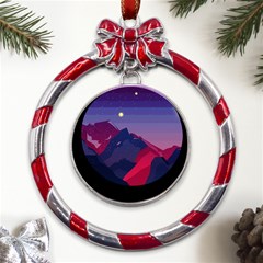 Abstract Landscape Sunrise Mountains Blue Sky Metal Red Ribbon Round Ornament by Grandong