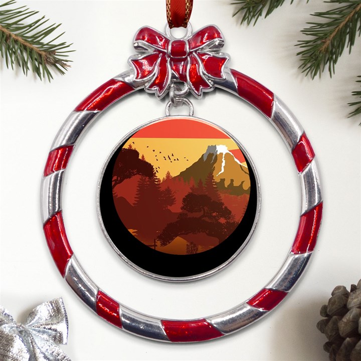 Japan Art Illustration Metal Red Ribbon Round Ornament