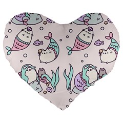 Cartoon Cat Cute Animal Design Drawing Illustration Kawaii Large 19  Premium Flano Heart Shape Cushions