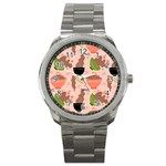 Doodle Yakisoba Seamless Pattern Background Cartoon Japanese Street Food Sport Metal Watch Front