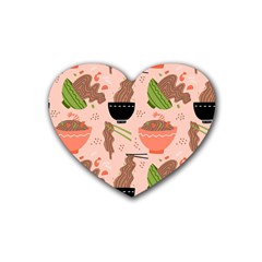 Doodle Yakisoba Seamless Pattern Background Cartoon Japanese Street Food Rubber Heart Coaster (4 Pack)