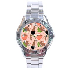 Doodle Yakisoba Seamless Pattern Background Cartoon Japanese Street Food Stainless Steel Analogue Watch