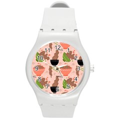 Doodle Yakisoba Seamless Pattern Background Cartoon Japanese Street Food Round Plastic Sport Watch (m) by Grandong