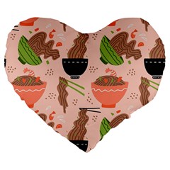 Doodle Yakisoba Seamless Pattern Background Cartoon Japanese Street Food Large 19  Premium Flano Heart Shape Cushions