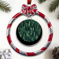 Forest Illustration Metal Red Ribbon Round Ornament by Grandong