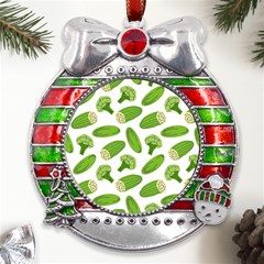 Vegetable Pattern With Composition Broccoli Metal X mas Ribbon With Red Crystal Round Ornament