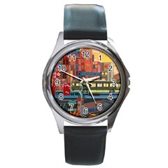 The City Style Bus Fantasy Architecture Art Round Metal Watch by Grandong