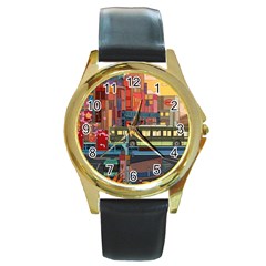 The City Style Bus Fantasy Architecture Art Round Gold Metal Watch by Grandong