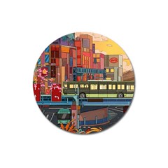 The City Style Bus Fantasy Architecture Art Magnet 3  (round) by Grandong