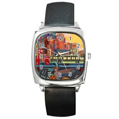 The City Style Bus Fantasy Architecture Art Square Metal Watch by Grandong