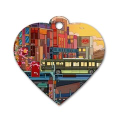 The City Style Bus Fantasy Architecture Art Dog Tag Heart (one Side) by Grandong