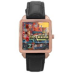 The City Style Bus Fantasy Architecture Art Rose Gold Leather Watch  by Grandong