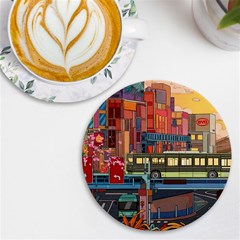 The City Style Bus Fantasy Architecture Art Uv Print Round Tile Coaster by Grandong