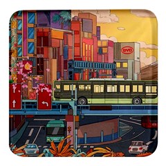 The City Style Bus Fantasy Architecture Art Square Glass Fridge Magnet (4 Pack)