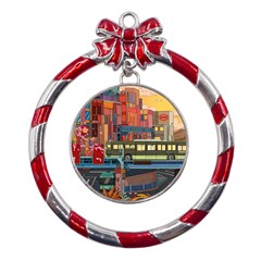 The City Style Bus Fantasy Architecture Art Metal Red Ribbon Round Ornament