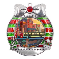 The City Style Bus Fantasy Architecture Art Metal X mas Ribbon With Red Crystal Round Ornament by Grandong