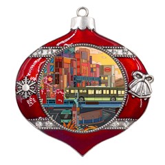 The City Style Bus Fantasy Architecture Art Metal Snowflake And Bell Red Ornament by Grandong