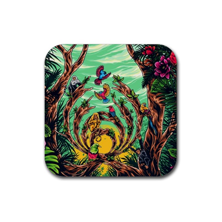 Monkey Tiger Bird Parrot Forest Jungle Style Rubber Coaster (Square)