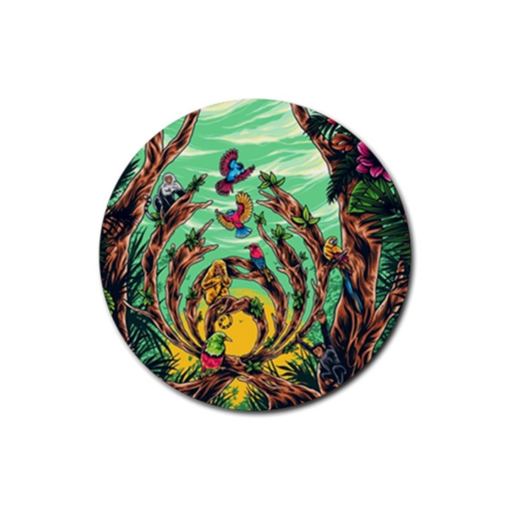 Monkey Tiger Bird Parrot Forest Jungle Style Rubber Round Coaster (4 pack)