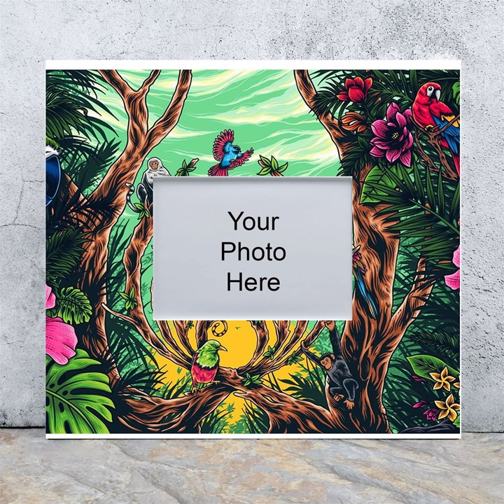 Monkey Tiger Bird Parrot Forest Jungle Style White Wall Photo Frame 5  x 7 