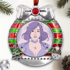 Futuristic Woman Metal X mas Ribbon With Red Crystal Round Ornament by Fundigitalart234