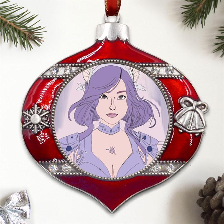 Futuristic woman Metal Snowflake And Bell Red Ornament