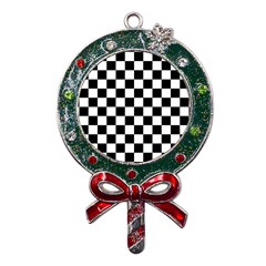 Black White Checker Pattern Checkerboard Metal X mas Lollipop With Crystal Ornament