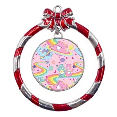 Bears Kawaii Pattern Metal Red Ribbon Round Ornament by Cowasu