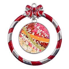 Japanese Kimono Pattern Metal Red Ribbon Round Ornament by Cowasu