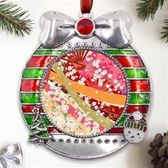 Japanese Kimono Pattern Metal X mas Ribbon With Red Crystal Round Ornament by Cowasu